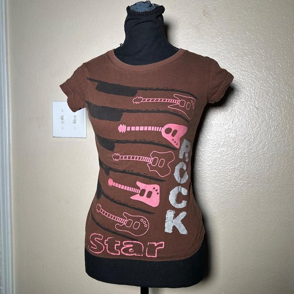 Brown 2000s Rock Star Baby Tee Guitar Graphic Pink Y2K Grunge XS